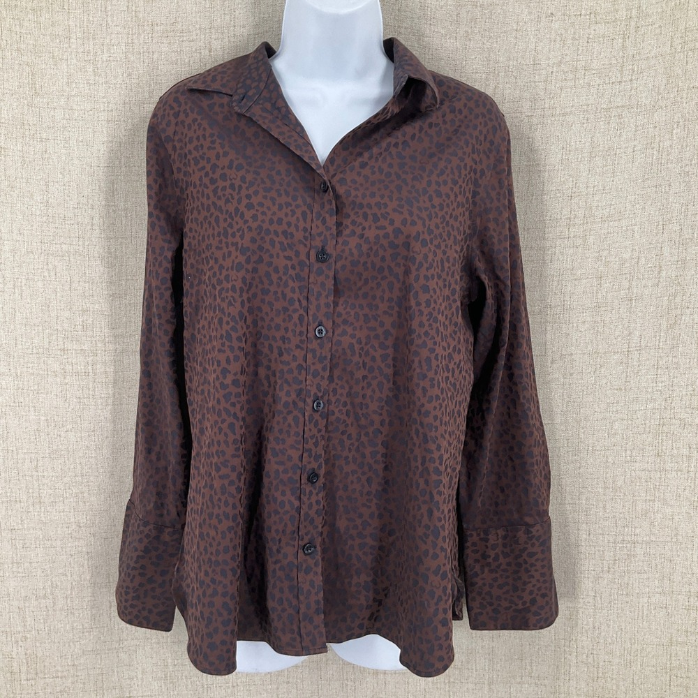 Chico's Button Down Shirt Women 1 US M Brown Cotton Leopard Animal Print Classic